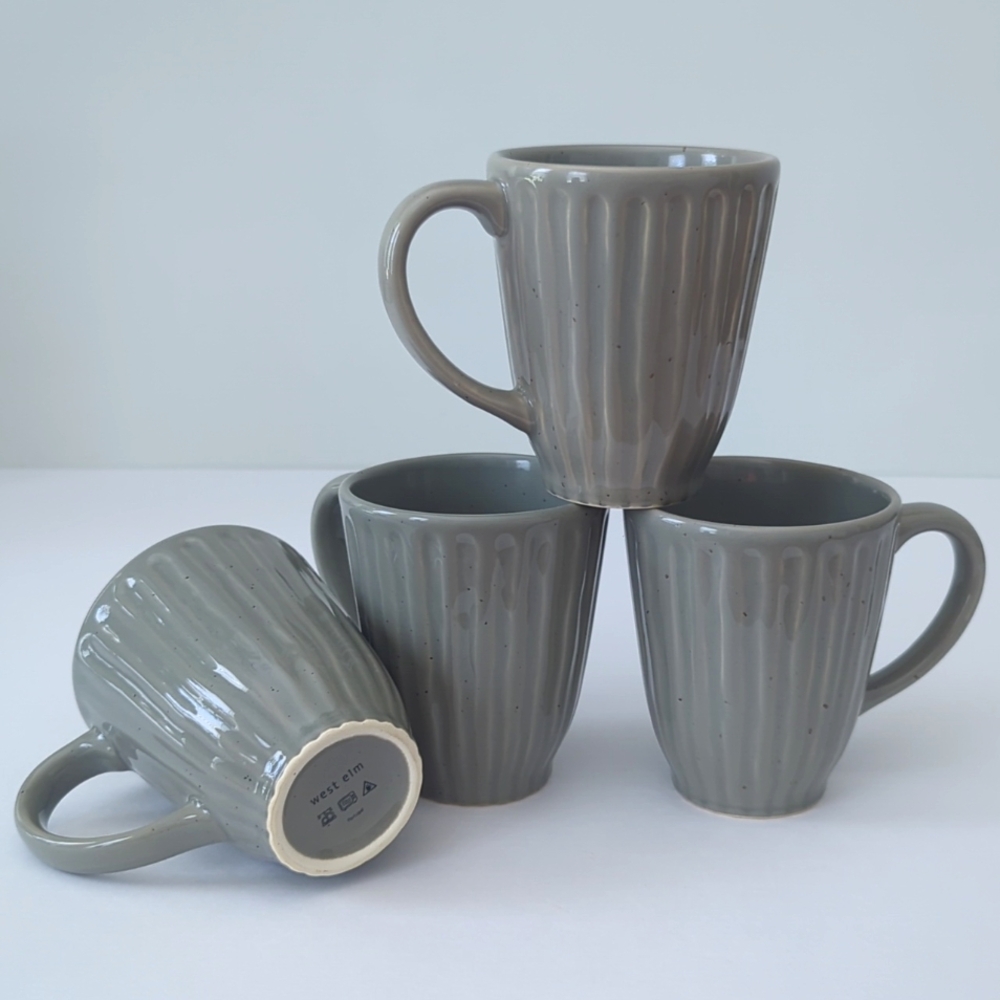West Elm Everyday Mug Set Ribbed Gray Speckled 4 Mugs Unused